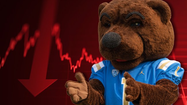UCLA mascot next to downward red arrow