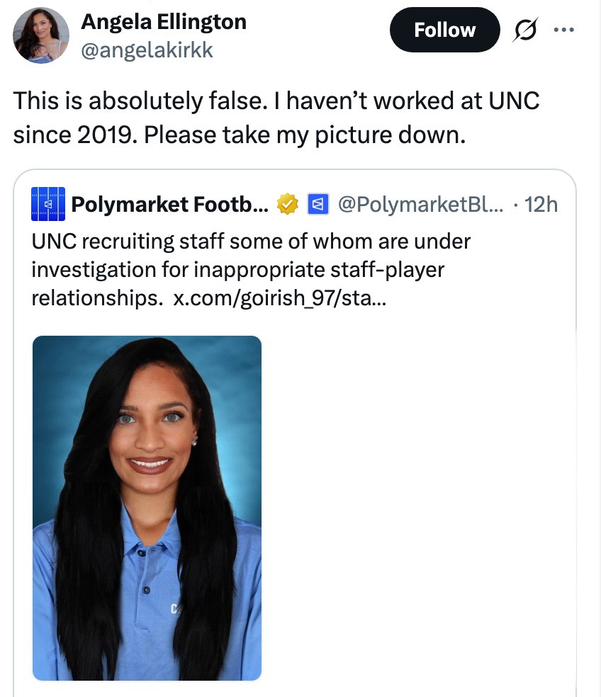 UNC Football Scandal Angela Ellington Recruiting Staffers North Carolina Polymarket