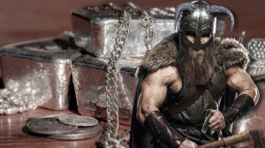 Viking next to silver bars and jewelry