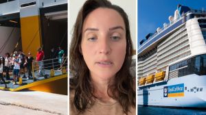 cruise disembarkation (l) woman shares cruise issue (c) Royal Caribbean cruise (r)