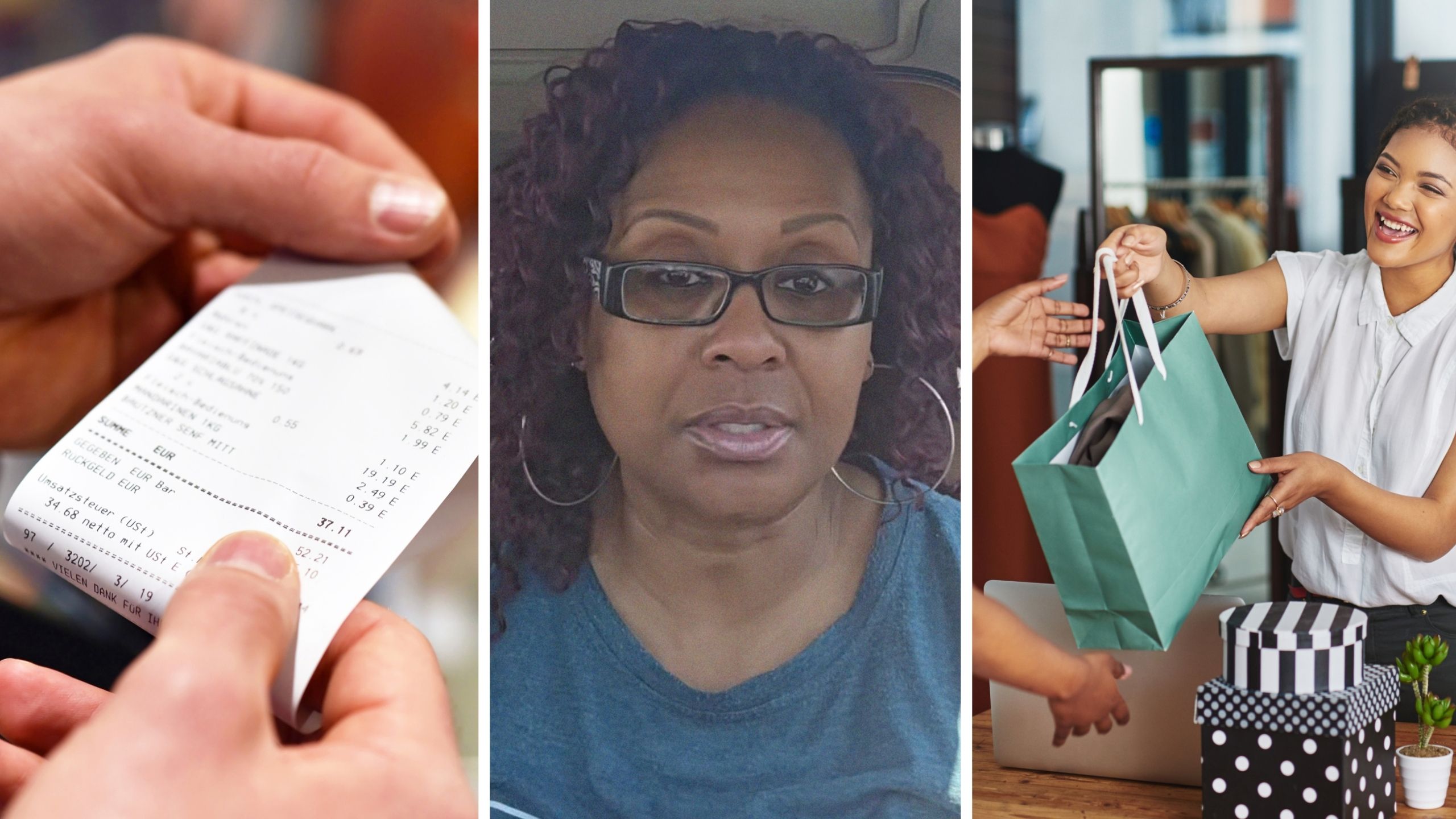 receipt on hand (l) woman shares the importance of getting your receipt (c) woman making purchase (r)