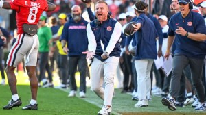 ATHENS, GA - OCTOBER 17: Auburn Tigers head coach Alex Golesh during the college football game between the Auburn Tigers and Georgia Bulldogs on October 17, 2026, at Sanford Stadium in Athens, GA.