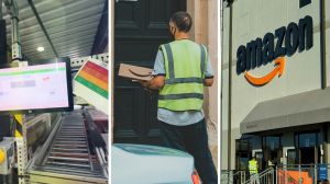 Amazon warehouse (l) Amazon worker shares delivery experience (c) Amazon office entrance (r)