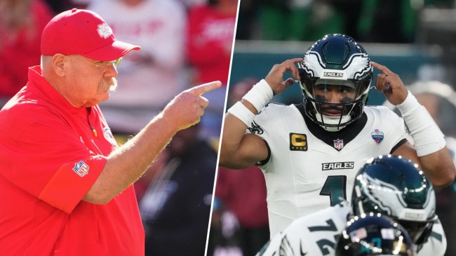 Oct 18, 2026; Kansas City, Missouri, USA; Kansas City Chiefs head coach Andy Reid looks on before the game against the Los Angeles Chargers at GEHA Field at Arrowhead Stadium. Oct 11, 2026; Tottenham, ENG; Philadelphia Eagles quarterback Jalen Hurts (1) takes the snap against the Jacksonville Jaguars during the 2026 NFL London Games at Tottenham Hotspur Stadium.