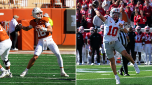 Oct 17, 2026; Austin, Texas, USA; Texas Longhorns quarterback Arch Manning (16) throws a pass during the first half against the Florida Gators at Darrell K Royal-Texas Memorial Stadium. Oct 17, 2026; Bloomington, Indiana, USA; Ohio State Buckeyes quarterback Julian Sayin (10) throws a touchdown pass during the first half against the Indiana Hoosiers at Merchants Bank Field at Memorial Stadium