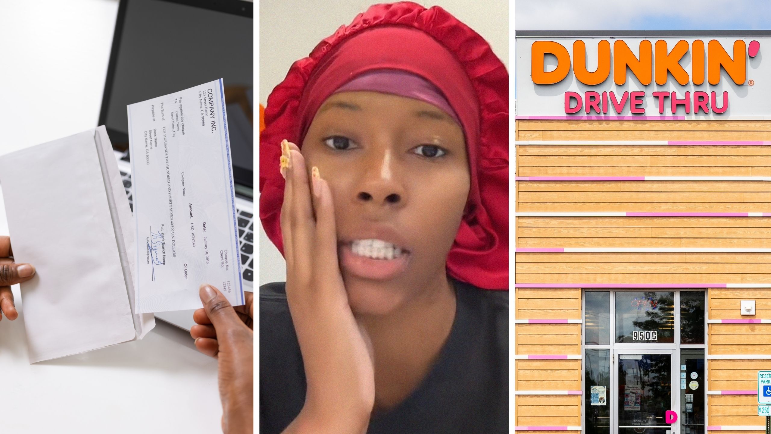 pay on hand (l) woman shares old job issue (c) Dunkin' storefront (r)