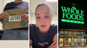 Coveted Whole Foods Bag (l) woman shares whole foods issue (c) Whole Foods storefront (r)