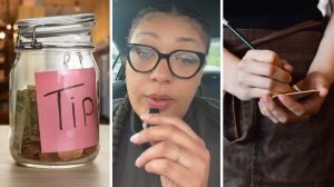 tipping jar (l) woman shares job observation (c) waitress of 25 years (r)