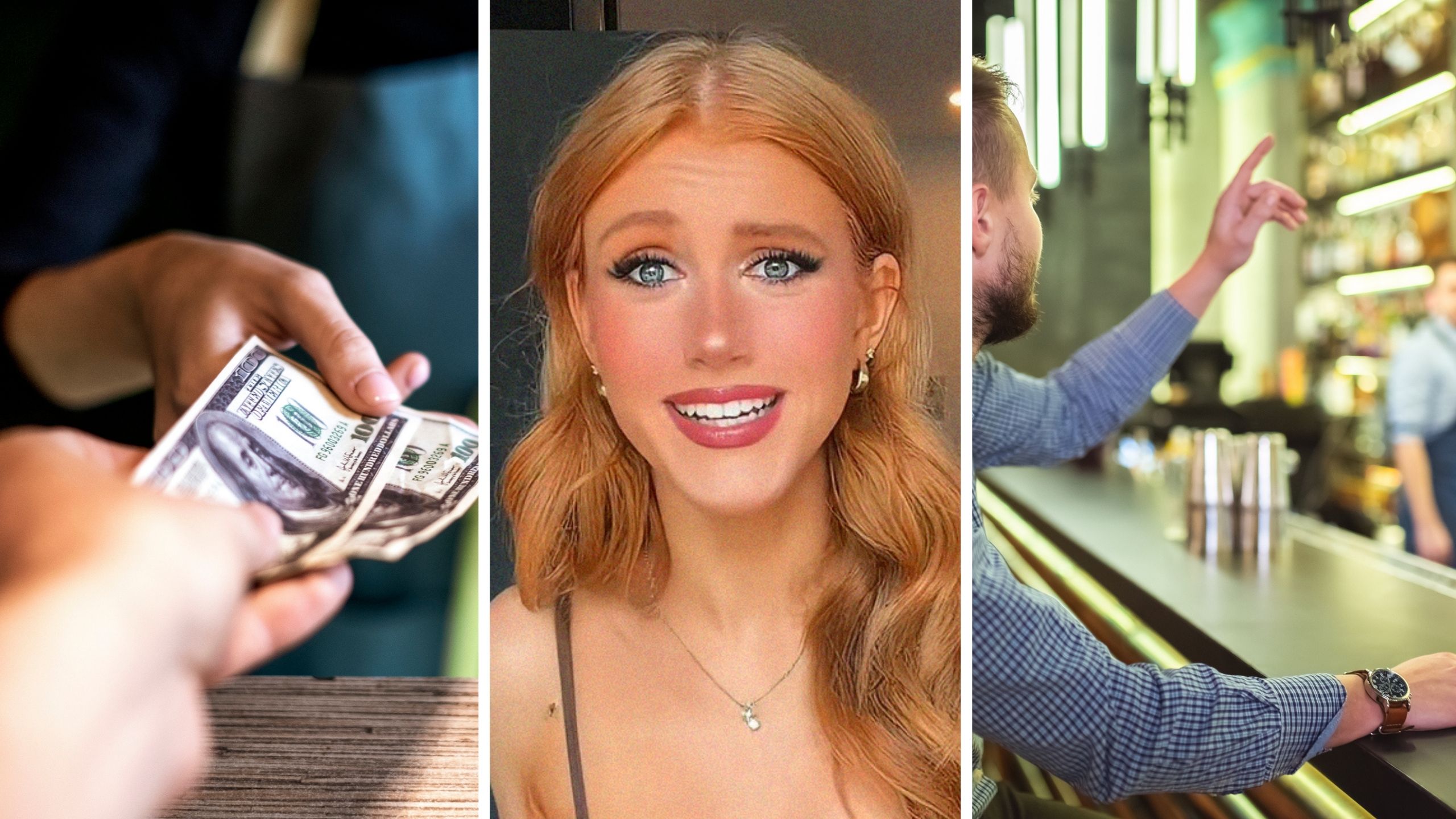 paying in cash (l) bartender shares customers issue (c) man ordering at a bar (r)