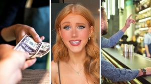 paying in cash (l) bartender shares customers issue (c) man ordering at a bar (r)