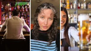 bar regular (l) woman shares job cons (c) female bartender being nice (r)