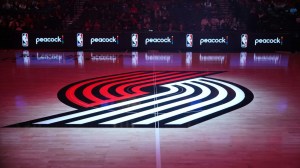 Feb 24, 2026; Portland, Oregon, USA; A general view of the Portland Trail Blazers logo at half court before the game against the Minnesota Timberwolves at Moda Center.