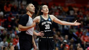 May 19, 2023; Washington, District of Columbia, USA; New York Liberty forward Breanna Stewart (30) argues with referee Ryan Sassano (L) after being called for a foul against the Washington Mystics in the third quarter at Entertainment & Sports Arena.