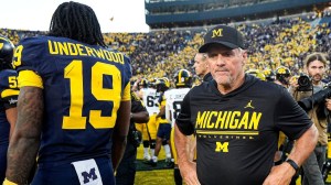 Michigan head coach Kyle Whittingham next to quarterback Bryce Underwood (19) reacts to 20-19 loss to Iowa at Michigan Stadium in Ann Arbor on Saturday, Sept. 26, 2026.