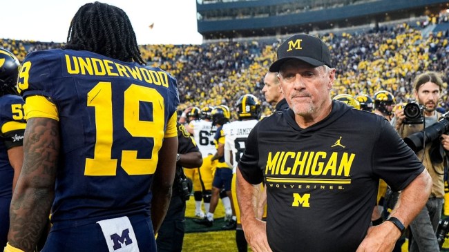 Michigan head coach Kyle Whittingham next to quarterback Bryce Underwood (19) reacts to 20-19 loss to Iowa at Michigan Stadium in Ann Arbor on Saturday, Sept. 26, 2026.