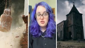 knocking down old building (l) woman shares haunted house issue (c) creepy church (r)