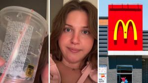 empty soda cup (l) woman shares soda issue (c) McDonalds drive-thru (r)