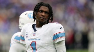 Oct 4, 2026; Baltimore, Maryland, USA; Tennessee Titans quarterback Cam Ward (1) looks on from the sideline before the third quarter of their game against the Baltimore Ravens at M&T Bank Stadium.
