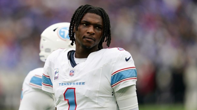Oct 4, 2026; Baltimore, Maryland, USA; Tennessee Titans quarterback Cam Ward (1) looks on from the sideline before the third quarter of their game against the Baltimore Ravens at M&T Bank Stadium.