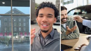 gloomy day (l) car salesman shares sales experiences (c) man purchasing a new car (r)