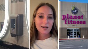bathroom interior (l) woman shares bathroom observation (c) Planet Fitness entrance (r)