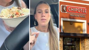 chipotle bowl (l) woman shares chipotle experience (c) Chipotle entrance (r)