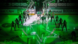 Apr 28, 2025; Dallas, Texas, USA; A view of the Dallas Stars ice girls and logos and the arena as center Wyatt Johnston (53) and goaltender Jake Oettinger (29) and the Stars take the ice to face the Colorado Avalanche in game five of the first round of the 2025 Stanley Cup Playoffs at American Airlines Center.