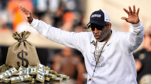Colorado coach Deion Sanders stands on the field as the team warms up before a college football game between the Oklahoma State Cowboys and the Colorado Buffaloes at Boone Pickens Stadium in Stillwater, Okla., Saturday, Oct. 24, 2026. A stock photo of money has been added to the collage.