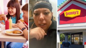 teens eating burgers (l) woman shares a day in the ob (c) Denny's entrance (r)