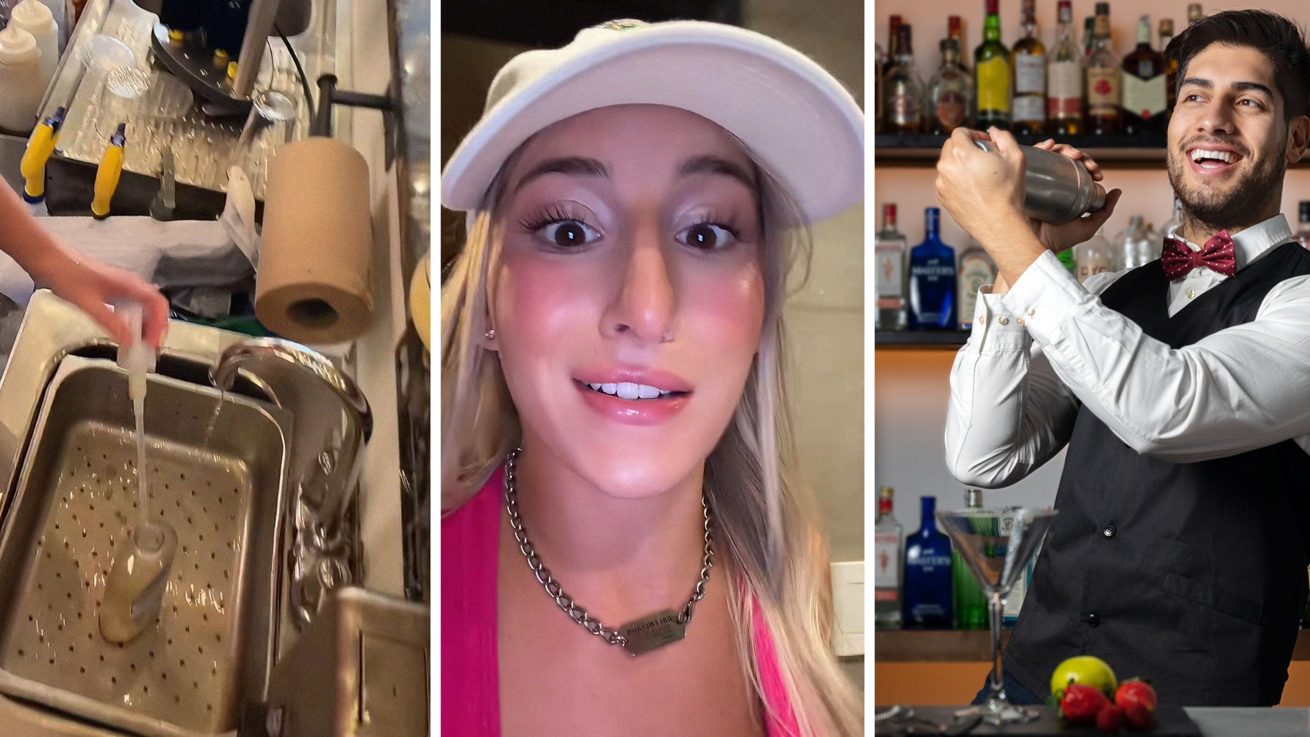 bar sink (l) woman shares males observation (c) male bartender (r)