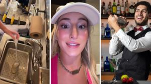 bar sink (l) woman shares males observation (c) male bartender (r)