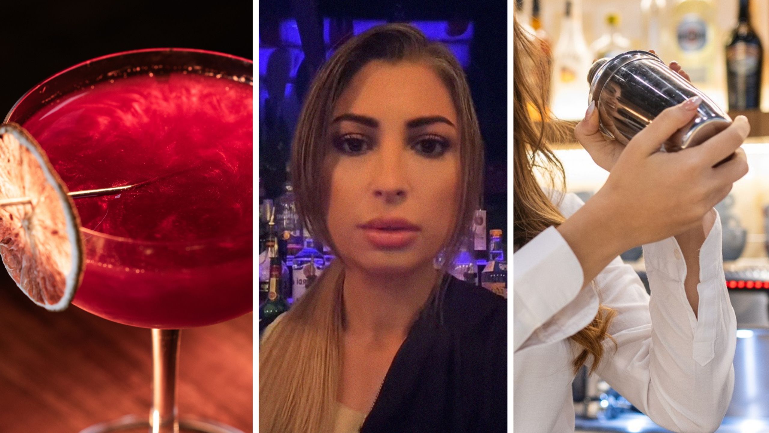 pink Martini (l) woman shares bartending struggles (c) bartender mixing drink (r)
