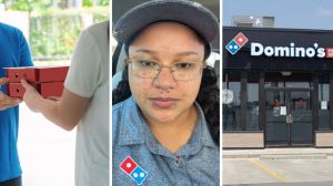 Pizza delivery (l) woman shares job observation (c) Domino's pizza entrance (r)
