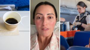 black coffee (l) woman shares job experience (c) flight attendant serving drinks (r)