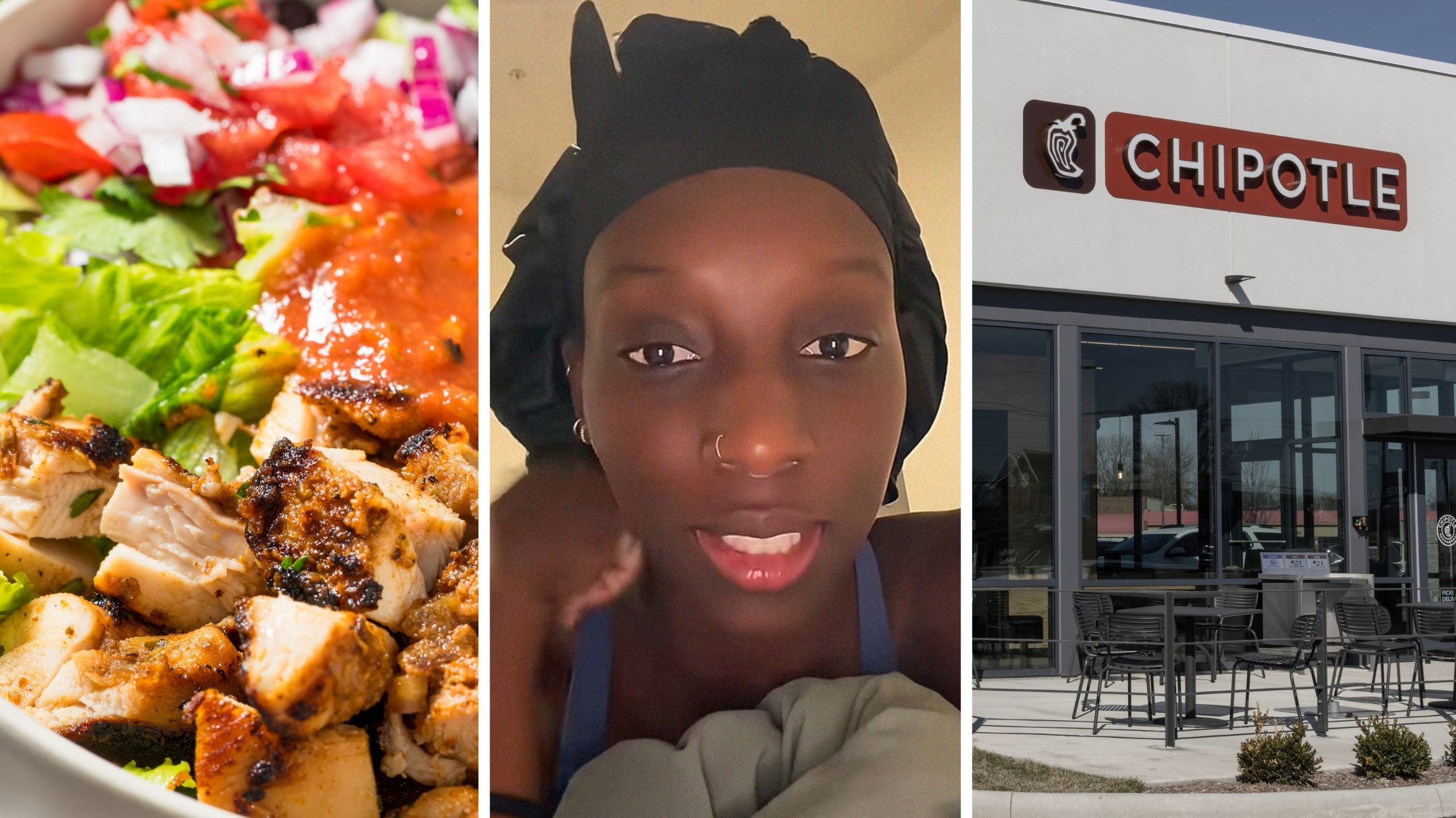 chipotle bowl (l) woman shares chipotle experience (c) Chipotle storefront (r)