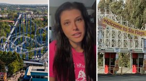 roller coaster (l) woman shares six flags job experience (c) Six flags entrance (r)