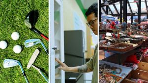 golf supplies (l) golfer finds amazing item at thrift store (c) thrift store (r)