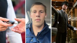 handing over car keys (l) man shares valet experiences (c) Valet welcoming guests (r)