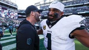 Sep 21, 2025; Philadelphia, Pennsylvania, USA; Philadelphia Eagles quarterback Jalen Hurts (1) and head coach Nick Sirianni celebrate after a victory against the Los Angeles Rams at Lincoln Financial Field.