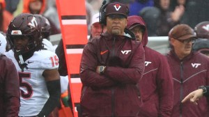 Sep 26, 2026; Chestnut Hill, Massachusetts, USA; Virginia Tech Hokies head coach James Franklin in the first half against the Boston College Eagles at Alumni Stadium.