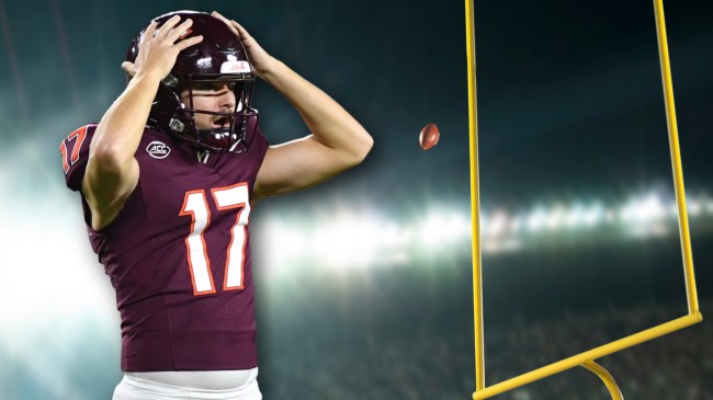 Virginia Tech kicker John Love next to field goal post