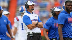 Florida head coach Jon Sumrall watches the action against South Carolina during the second half of an NCAA football at Steve Spurrier Field at Ben Hill Griffin Stadium in Gainesville, FL on Saturday, October 10, 2026.