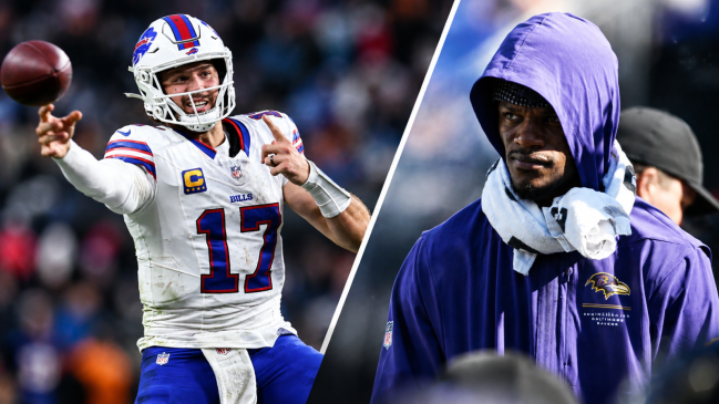 Oct 18, 2026; Paradise, Nevada, USA; Buffalo Bills quarterback Josh Allen (17) throws a pass in the fourth quarter against the Las Vegas Raiders at Allegiant Stadium. Oct 25, 2026; Baltimore, Maryland, USA; Baltimore Ravens quarterback Lamar Jackson (8) looks on during the second quarter against the Cincinnati Bengals at M&T Bank Stadium.