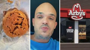 Arby’s Beef and Cheddar sandwich (l) man shares sandwich observation (c) Arby's entrance (r)