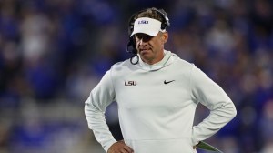 Oct 10, 2026; Lexington, Kentucky, USA; LSU Tigers head coach Lane Kiffin walks on the sideline during the first quarter against the Kentucky Wildcats t Kroger Field.