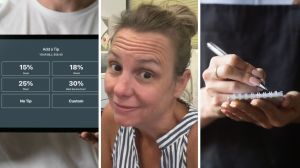 tip tablet (l) waitress shares tip experiences (c) waitress at work (r)