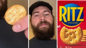 cracker on hand (l) man shares Ritz Crackers concern (c) box of Ritz Crackers (r)