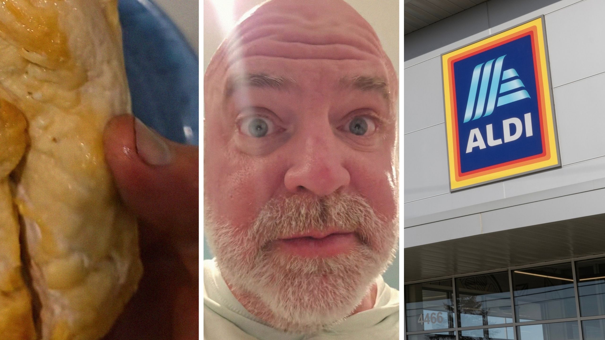 chicken breast (l) man shares chicken purchase issue (c) Aldi storefront (r)