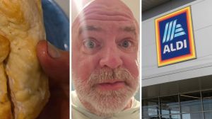 chicken breast (l) man shares chicken purchase issue (c) Aldi storefront (r)