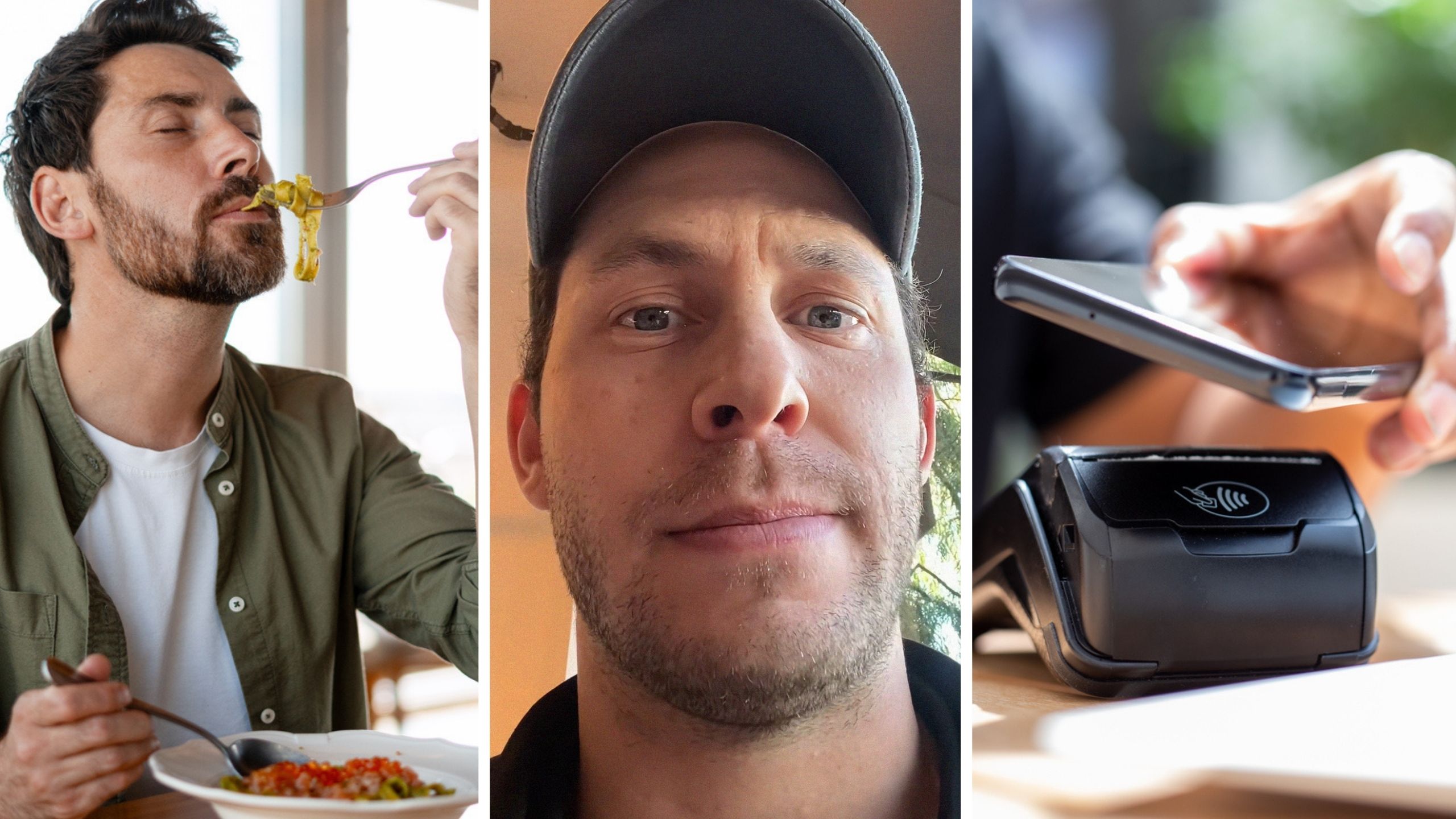man eating at a restaurant (l) man shares restaurant experience (c) paying with apple pay (r)